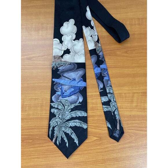 Tropicals by Tango Black w/ Seaplane & Palm Trees Theme 100% Silk Tie Necktie - Picture 2 of 5